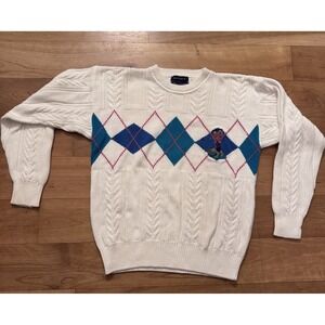 GANT Hand Intarsia Cableknit Golf Sweater Embroidered Argyle Size M Preowned VTG